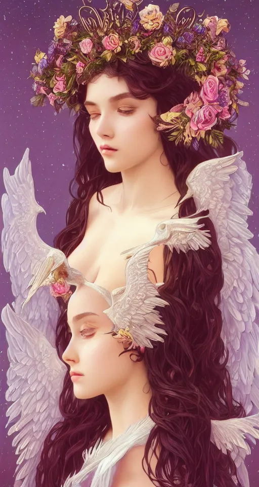 Image similar to beautiful young girl vaporwave aesthetic, synthwave, intricate, elegant, highly detailed, digital painting, wearing long gown, angelic wings, halo, crown, roses, ravens, flowers over her eyes, artstation, concept art, smooth, sharp focus, illustration, art by artgerm and greg rutkowski and alphonse mucha