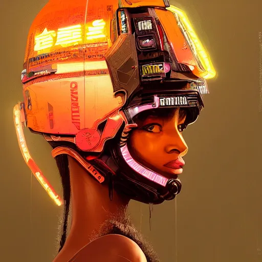 Prompt: detailed side profile portrait african american Neon Operator Girl, cyberpunk futuristic neon, reflective puffy coat, decorated with traditional Japanese ornaments by Ismail inceoglu dragan bibin hans thoma greg rutkowski Alexandros Pyromallis Nekro Rene Maritte Illustrated, Perfect face, fine details, realistic shaded, fine-face, pretty face