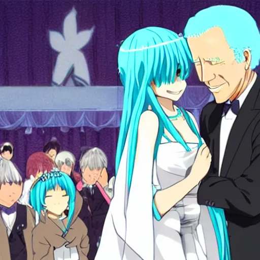 Image similar to anime depiction of Joe Biden marrying Hatsune Miku