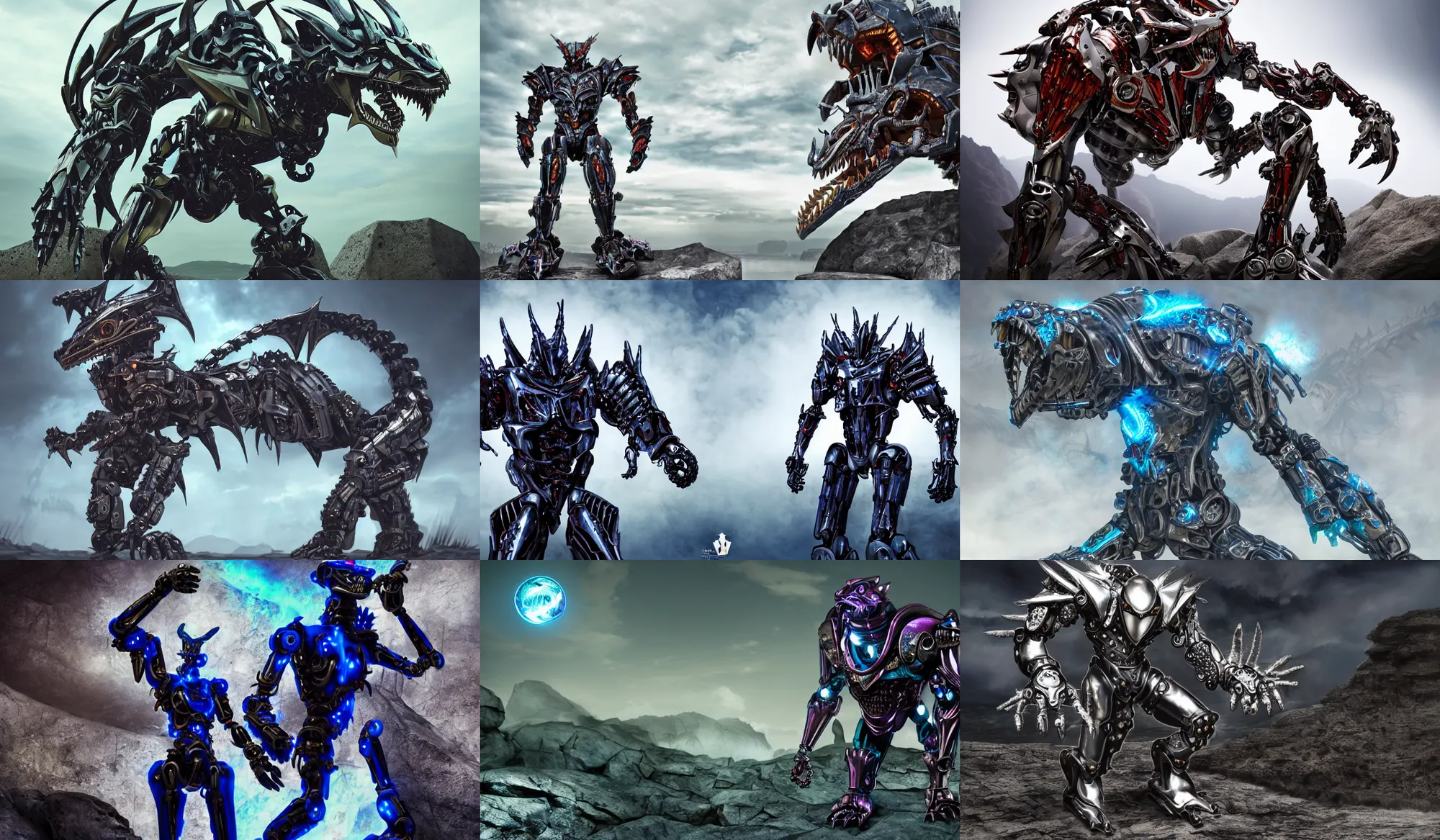 Prompt: Snarling biomechanical anthropomorphic robot dragon with kamen rider inspired armor standing in a rock quarry, high contrast, magic hour photography, good value control, rule of thirds, centered, science fiction, silver and blue color schemes, rubber suit, ultra realistic, glowing eyes, glowing mouth, low purple flame, high quality, 4k, concept art, illustration, League of Legends Character Splash Art