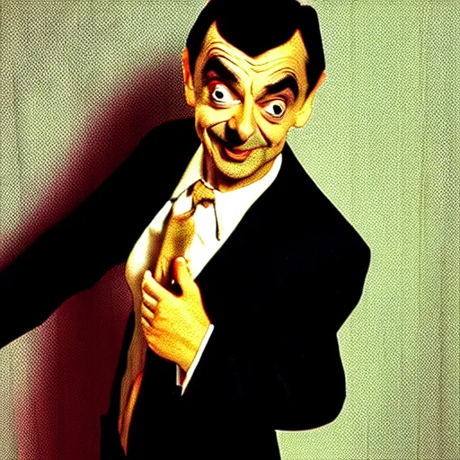 Image similar to mr. bean as a male pinup. movie still. cinematic lighting.