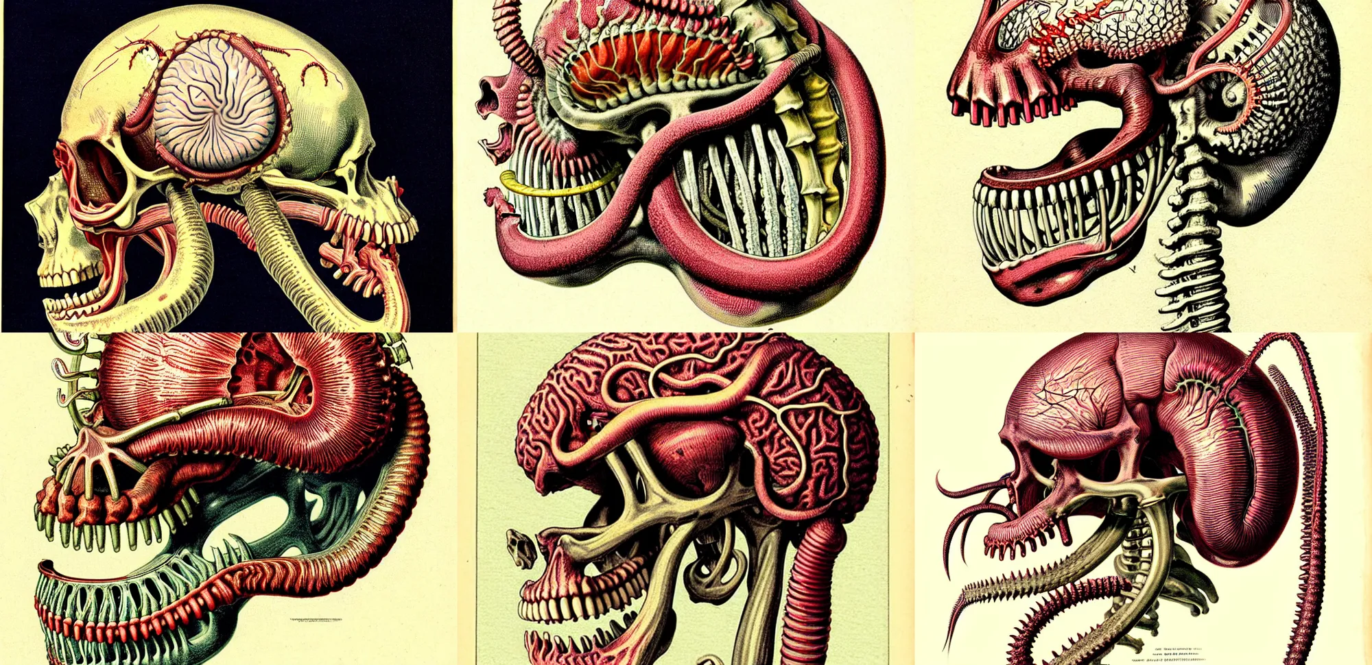 Prompt: hyper-detailed vintage color pencil antique medical illustration of Kaiju head cross-section, nautilus brain, ribcage, xhenomorph, with tentacles coming out of open mouth and exposed jaw bone, spinal column, cerebral corpus callosum, vastus lateralis, cerebellar peduncle, interventricular foramen, symmetrical H 832