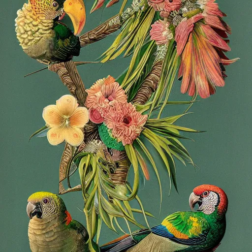 Image similar to beautiful elegant ernst haeckel!!!! illustration of many greek cheek conures!!!!!! and flowers, ( greek cheek conure ) ( green cheeked parakeet ) ( pyrrhura molinae )