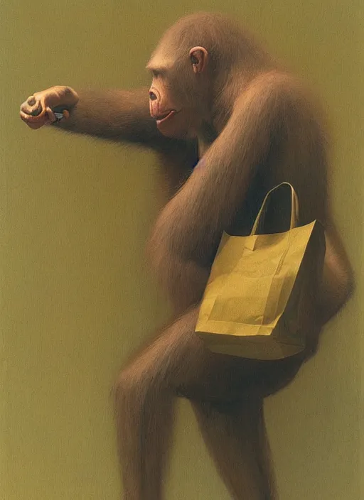 Image similar to ape in paper bag over the head and a sward Edward Hopper and James Gilleard, Zdzislaw Beksinski, highly detailed
