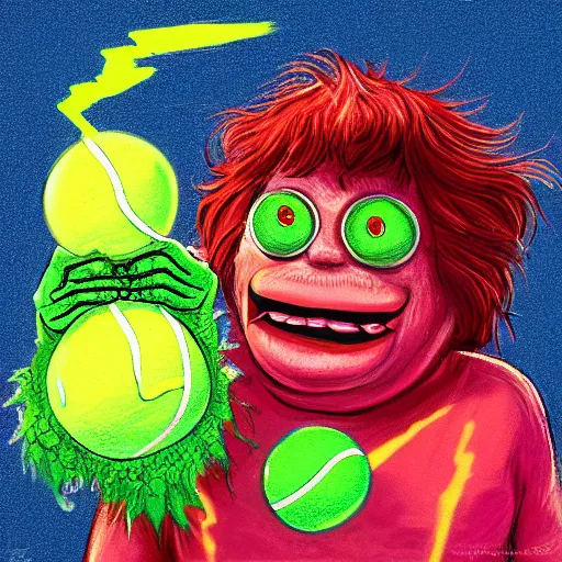 Image similar to a Andy Milonakis tennis ball monster, tennis ball, lightning, chalk, digital art, fantasy, magic, trending on artstation, ultra detailed, professional illustration by Basil Gogos