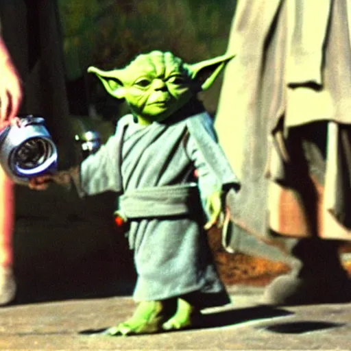 Image similar to A still of Yoda’s first day at school. Holding a Star Wars lunch pail .