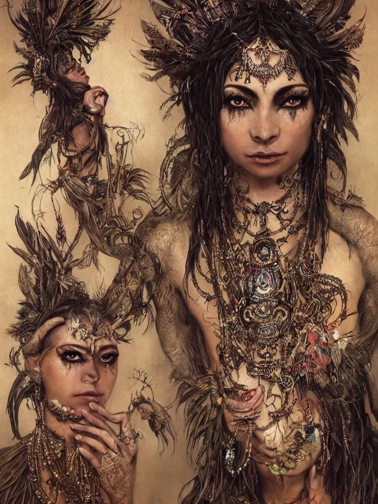 Prompt: a centered portrait of a dark tribal fairy with face tatoos wearing ornate and intricate jewellery made from sticks and feathers and leaves and jewels | Photorealistic, Detailed, Realism, Fantasy, Voluemetric Lighting, Global Illumination, Subsurface Scattering, Photographic Color Scheme blur, by Karol Bak:10, by brian froud:5, by beeple:3, HD | trending on artstation