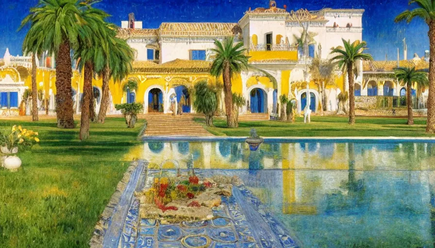 Prompt: a 1 9 9 8 southern spain palace!!! costa blanca, designed by jules bastien - lepage, bispo do rosario, arnold bocklin, tarsila do amaral and gustave baumann, cheval michael, warm, mediterranean, star, sharp focus, colorful refracted sparkles and lines, soft light, 8 k 4 k