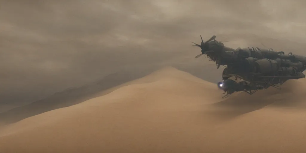 Image similar to screenshot from a renaissance airship cyberpunk cinematic masterpiece, sandstorm rain, fps, cinematography, photo, photography, 4 k, by greg rutkowski, roger deakins