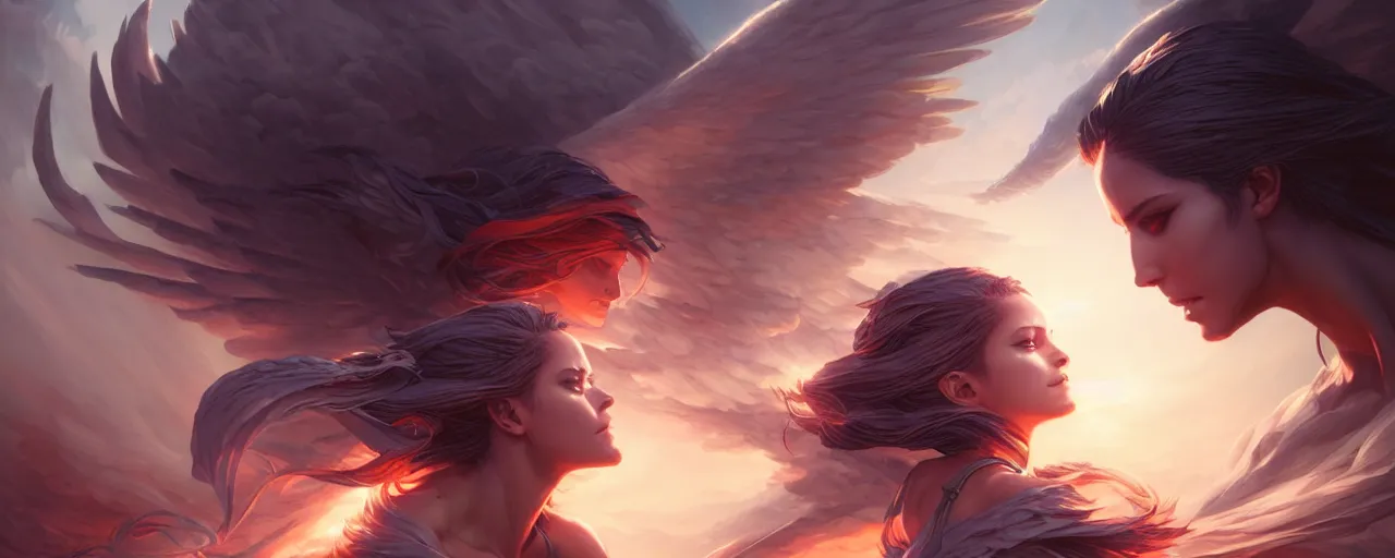 Image similar to battle of angels by magali villeneuve, artgerm, greg rutkowski, digital art, sharp focus, award winning, intrecate details, 4 k,