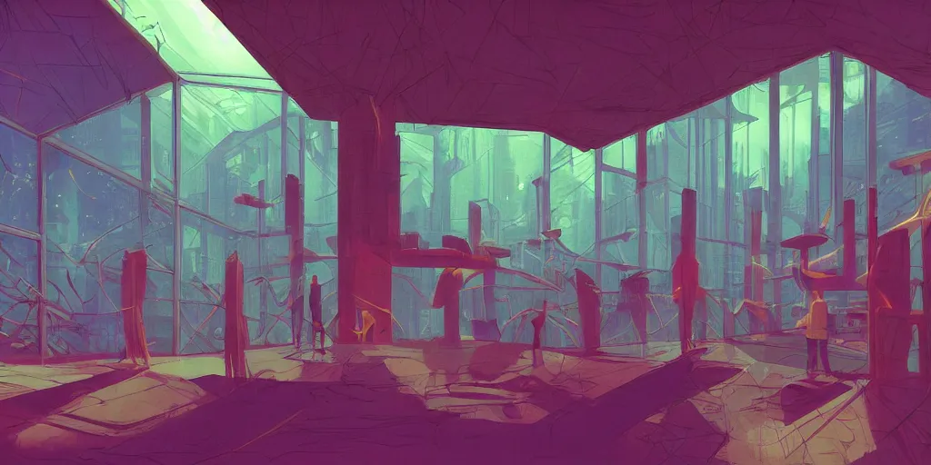 Image similar to 90s interior with organic windows, forest outside, in the style of Peter Chung, figures, bright fluorescent lights, neon colors, cinematic, cyberpunk, smooth, chrome, lofi, nebula, calming, dramatic, fantasy, by Moebius, by zdzisław beksiński, fantasy LUT, studio ghibli, high contrast, epic composition, sci-fi, dreamlike, surreal, angelic, 8k, unreal engine, hyper realistic, fantasy concept art,