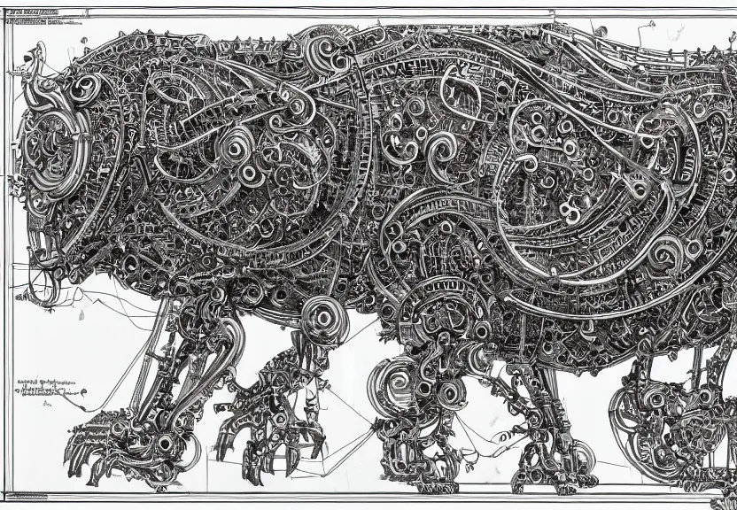 Image similar to schematic blueprint of highly detailed ornate filigreed convoluted ornamented elaborate cybernetic rat, wide margin, art by da vinci