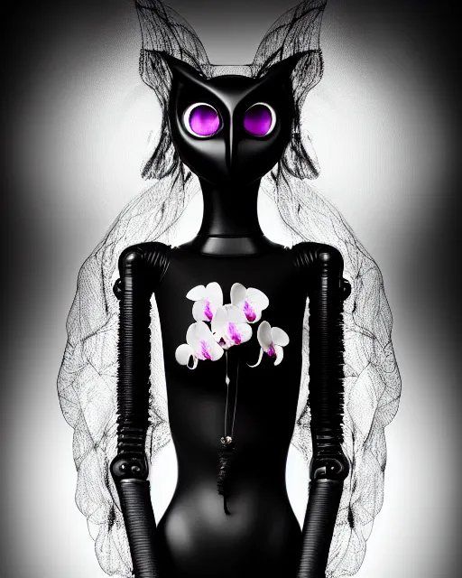 Image similar to surreal mythical dreamy dark artistic black and white fine art 3 / 4 fashion portrait photo of a young beautiful delicate female robot - witch - owl with orchid - doll face, rim light, cinematic, studio dramatic light, poetic, masterpiece, octane render, 8 k, photo - realistic by gustave dore hg giger