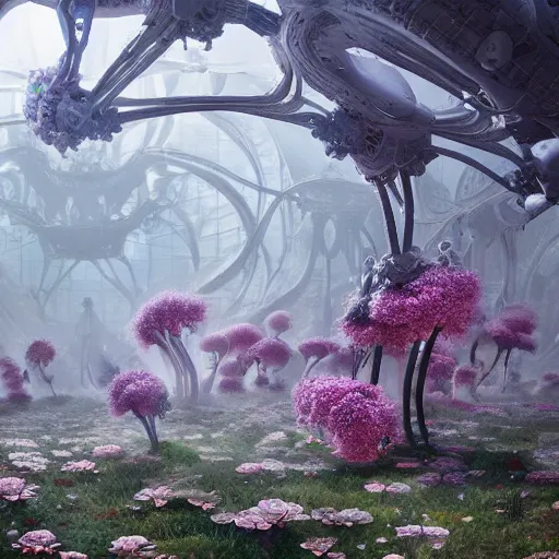 Image similar to intricate human biorobotic organs intertwined with biorobotic flowers, intricate environment, matte painting, cinematic, epic composition, highly detailed, atmospheric, wide angle, artstation trending