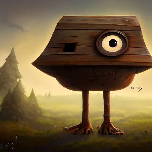 Image similar to a walking wood and metal house with two legs and one big eye, rust, hyperrealistic, highly detailed, cinematic, single ray of sun, morning, pareidolia, gravity falls style, disney, beautiful, cgssociety, artstation, 8 k, oil painting, digital art