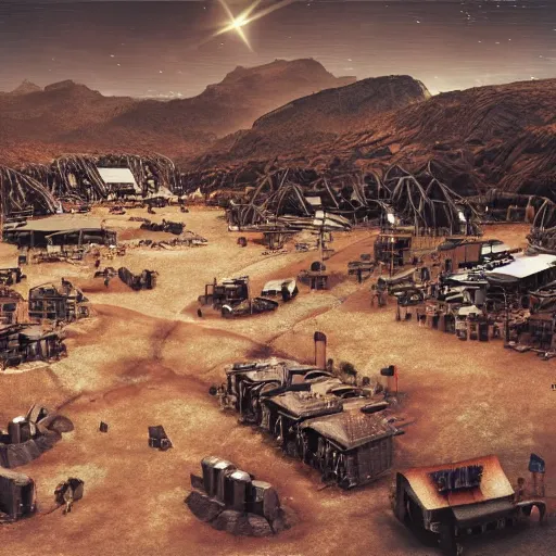 Prompt: Mining camp full of alien slaves doing hard labour on a rocky dark planet, photorealistic
