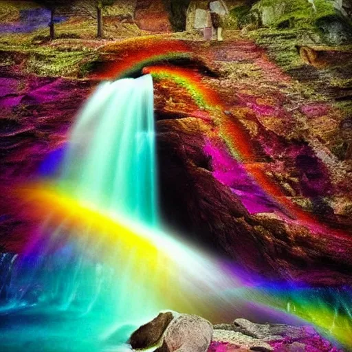 Prompt: the universe tumbles like a waterfall onto the rocks of forgiveness in a million bright colors of swirling love