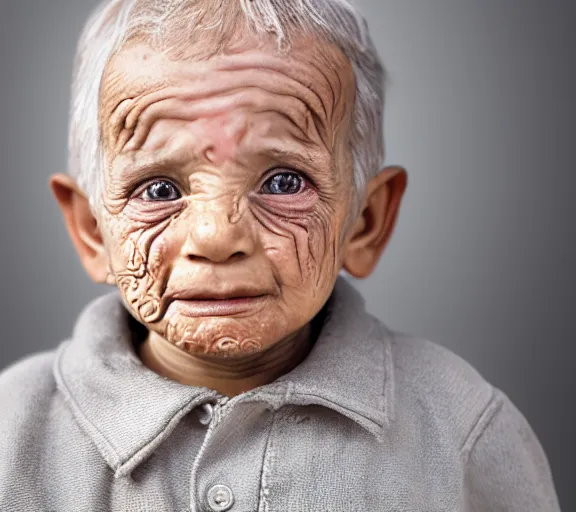Prompt: a 4 year old boy with old wrinkly skin, wrinkly forehead, looking old, old skin, lots of wrinkles, age marks, old gray hair, very old, young kid, 4 years old, very young, portrait photo, head shot, concept art, highly detailed