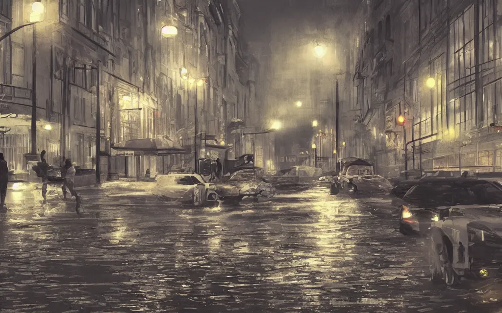 Prompt: concept art, wet helsinki street at night, in the style of grand theft auto gameplay