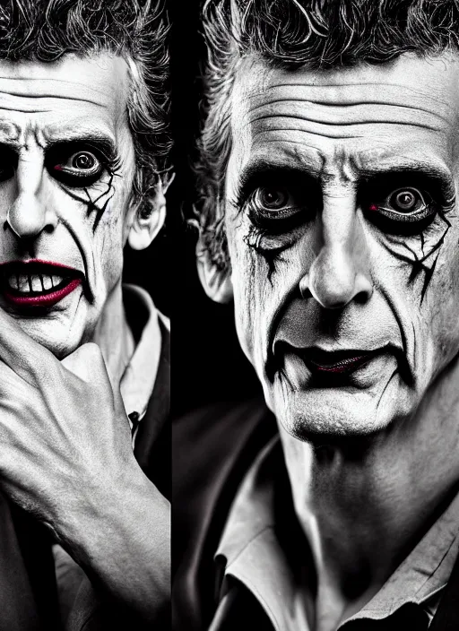 Image similar to photo of Peter Capaldi as the Joker by Lee Jeffries and Eolo Perfido, big smile, head shot, detailed, award winning, Sony a7R