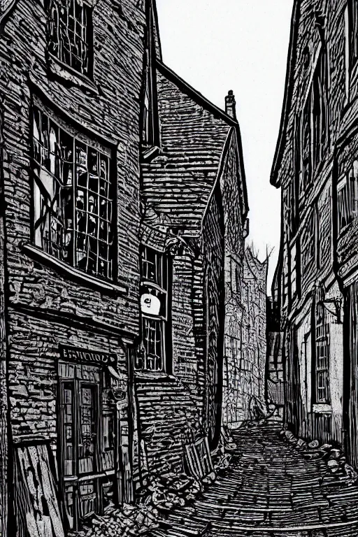 Image similar to a beautiful woodcut print of shambles and little shambles york, 8 k, frostbite 3 engine, cryengine, dof, trending on artstation, digital art, crepuscular ray, art by fossi _ images and tugboat printshop