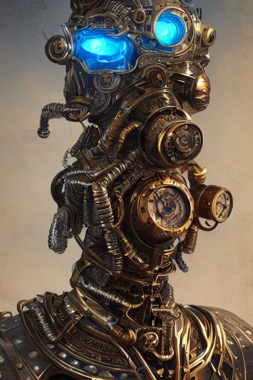 Image similar to Portrait of a steampunk sci-fi cyborg samurai, third person, D&D, sci-fi fantasy, intricate, blue and gold, highly detailed , art by Range Murata, highly detailed, 3d, octane render, bright colors, digital painting, trending on artstation, sharp focus, illustration style of Stanley Artgerm,