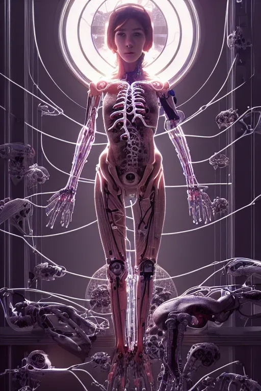 Image similar to ultra realistic, a beautiful cyborg woman's nervous system and organs are spread over a lab table, sci - fi, intricate details, eerie, highly detailed, octane render, 8 k, art by artgerm and alphonse mucha and greg rutkowski