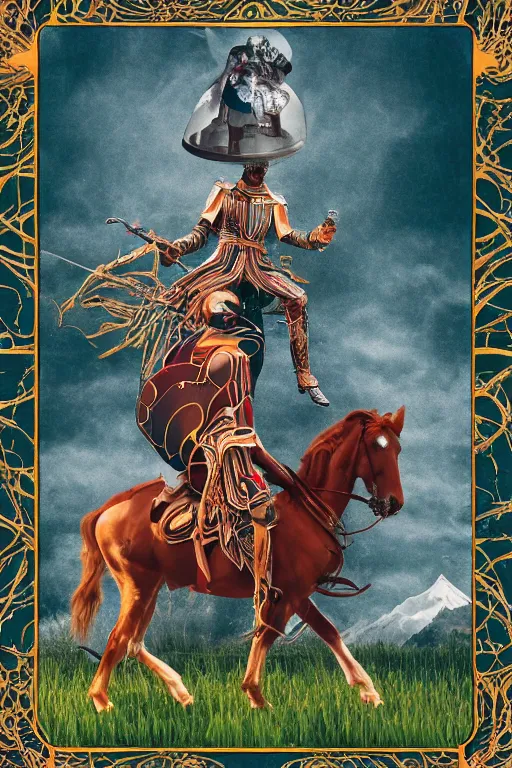 Prompt: self - transforming machine elf riding horse and holding chalice in the style of nordic noir television, dmt fractal tiling across the background, double exposure film, kodak portra 4 0 0, knight of cups, etteilla tarot