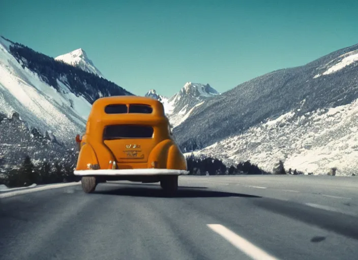 Image similar to A very high resolution image from a new movie, landscape from a car window , mountains, snowy, snowy mountains, Polaroid, directed by wes anderson