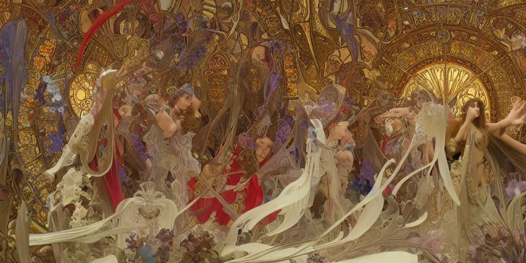 Image similar to 3 d rendered scene of the battle of angels and demons at the entrance to the fractal palace of cosmos painting of alphonse maria mucha made in unreal engine hyper realistic