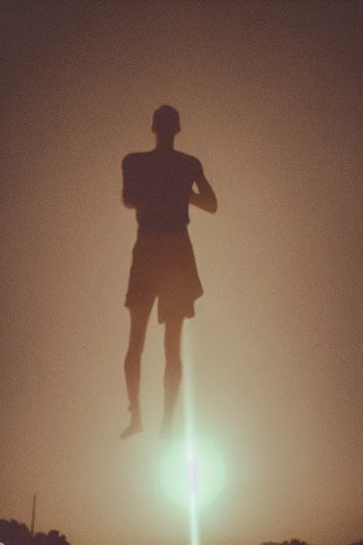 Image similar to agfa vista 4 0 0 photograph of a skinny guy getting abducted by alien spaceship, lens flare, back view, moody lighting, moody vibe, telephoto, 9 0 s vibe, grain, vintage, tranquil, calm, faded