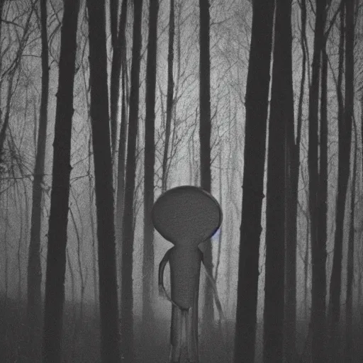 Image similar to grainy surveillance photo still of an alien in the woods at night hiding in the trees of a forest