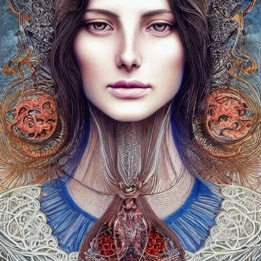 Prompt: facial portrait of a young pretty woman in flowing dress, arrogant, mysterious, very long long fine hair, delicate, looking at camera!!!, slightly awkward smile!, realistic face, no hands visible, intricate, stylish, elegant, grimdark fantasy, vibrant, extremely detailed painting by Greg Rutkowski and Ernst Haeckel and Harumi Hironaka