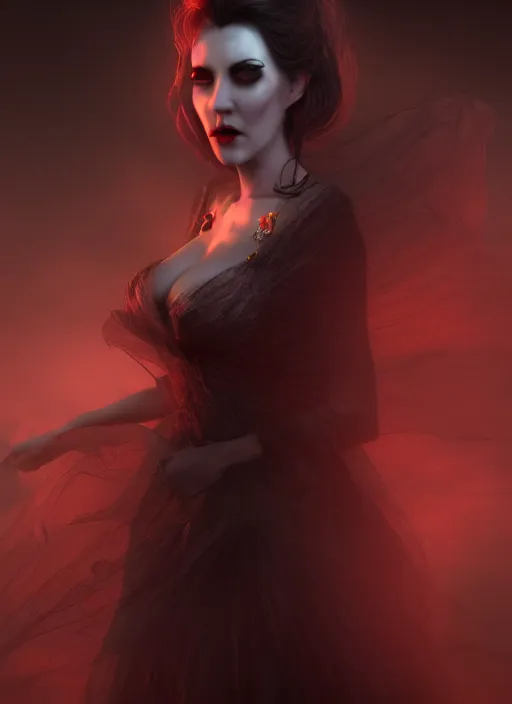 Image similar to realistic matte painting, full length portrait, the duchess of blood owns the las vegas night, vampire, highly detailed, CGsociety, subtle, concept art, HDR, hyper realistic, volumetric lighting, subsurface scattering, unreal