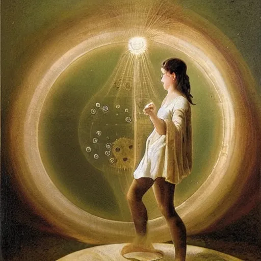 Prompt: A art installation. A rip in spacetime. Did this device in her hand open a portal to another dimension or reality?! instruction manual by Augustus Edwin Mulready curvaceous