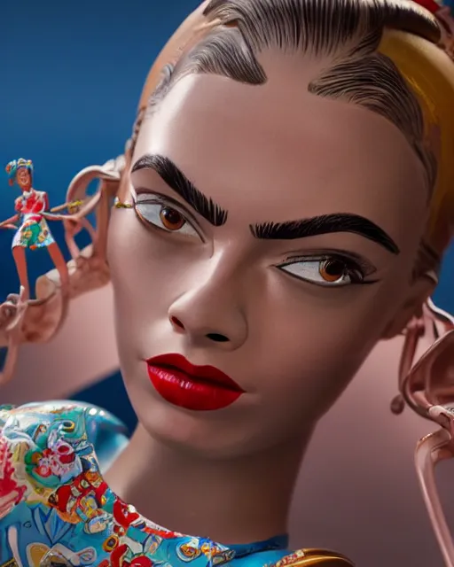 Prompt: highly detailed closeup, face profile portrait of a tin toy retro 1 9 5 0 s cara delevingne, bikini, depth of field, fashion photoshoot by max fleischer, breathtaking, detailed and intricate environment, 8 k resolution, hyperrealistic, octane render