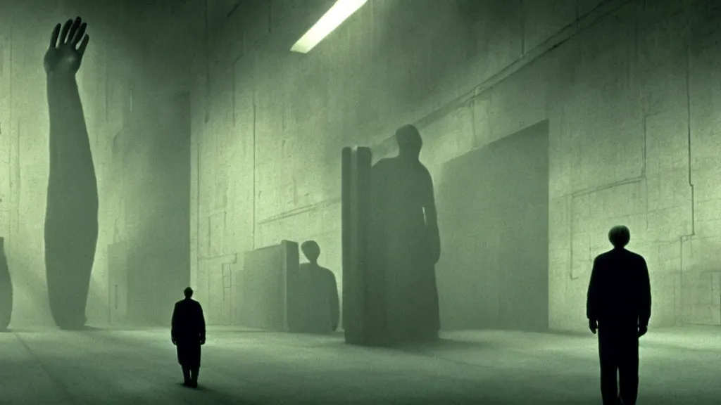 Image similar to the giant hands walks through the warehouse, film still from the movie directed by denis villeneuve and david cronenberg with art direction by zdzisław beksinski and dr. seuss