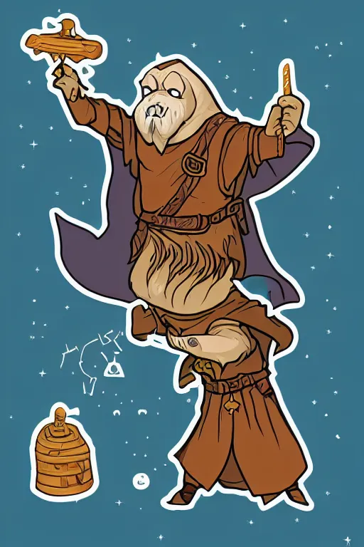 Image similar to Pug that is a wizard casting a spell , wizard, medieval, sticker, colorful, casting epic spell, magic the gathering artwork, D&D, fantasy, artstation, heroic pose, illustration, highly detailed, simple, smooth and clean vector curves, no jagged lines, vector art, smooth