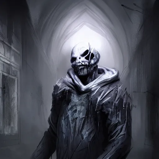 Prompt: photorealistic fantasy concept art of nightmare horror sans, dynamic lighting, ambient background, stunning visuals, creepy,