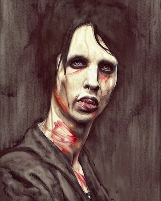 Prompt: portrait of marylin manson by greg rutkowski in the style of egon schiele