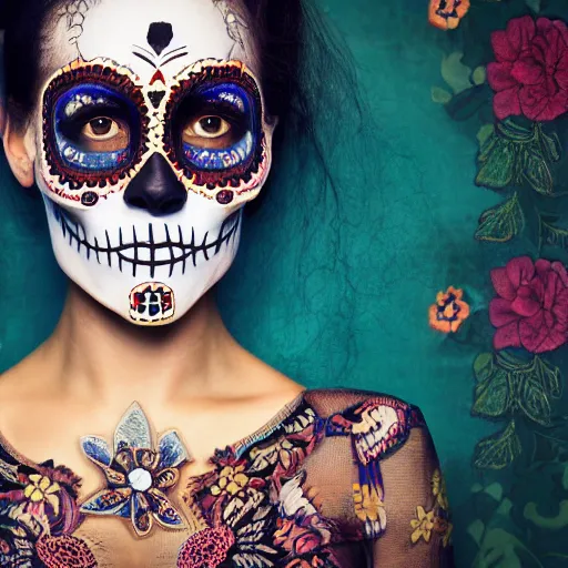 Prompt: Lady, self-portrait, Symmetry, intricate, Dia de los muertos, skull mask, Aztec ultra detailed feathered dress 4k resolution