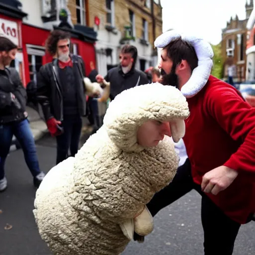 Prompt: photo of a man in a sheep costume is on fire and jesus is helping him outside a british pub