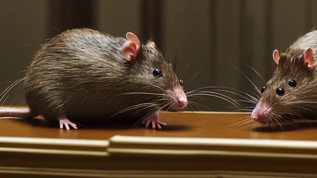 Image similar to the strange rat in court, made of water, film still from the movie directed by Denis Villeneuve with art direction by Salvador Dalí, wide lens