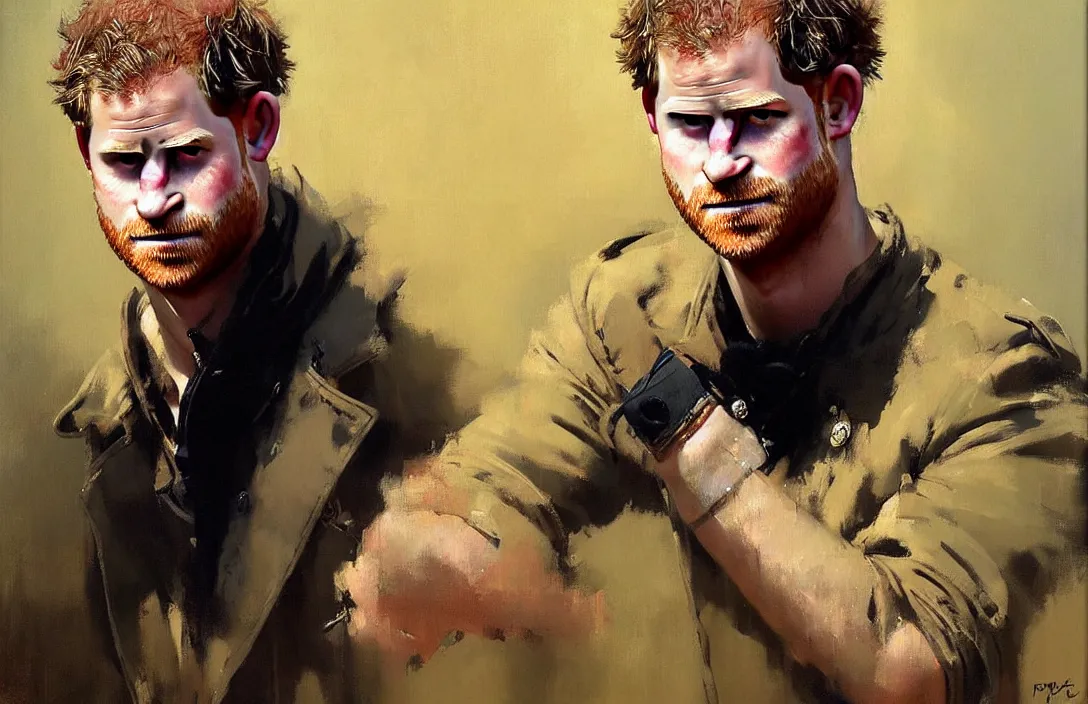 Image similar to portrait of prince harry!!!!!!!!!!!!!!!!!!!!!!!!!!!, detailed face, detailed painting, epic lighting, by ilya repin, phil hale and kent williams