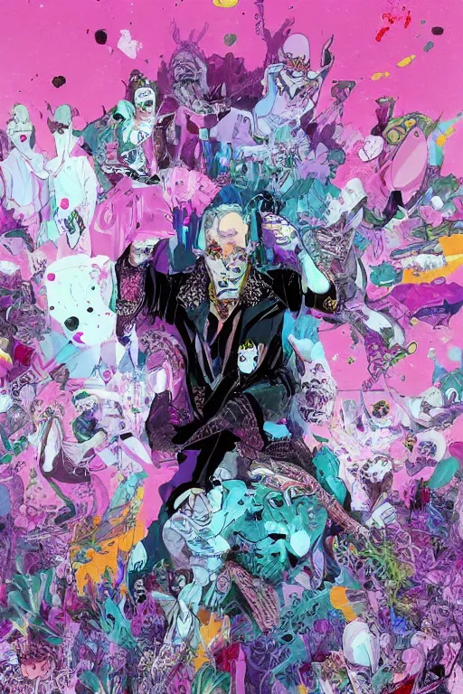 Image similar to wealthy male half necromancer, made of white gucci fabric, pixiv fanbox, dramatic lighting, maximalist pastel color palette, splatter paint, pixar and disney exploded - view drawing, graphic novel by fiona staples and dustin nguyen, peter elson, alan bean, wangechi mutu, clean cel shaded vector art, trending on artstation