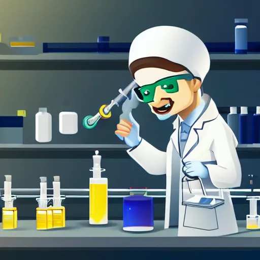 Prompt: a scientst-fox wearing a lab coat in the lab discovering new chemicals, cartoon, high detail