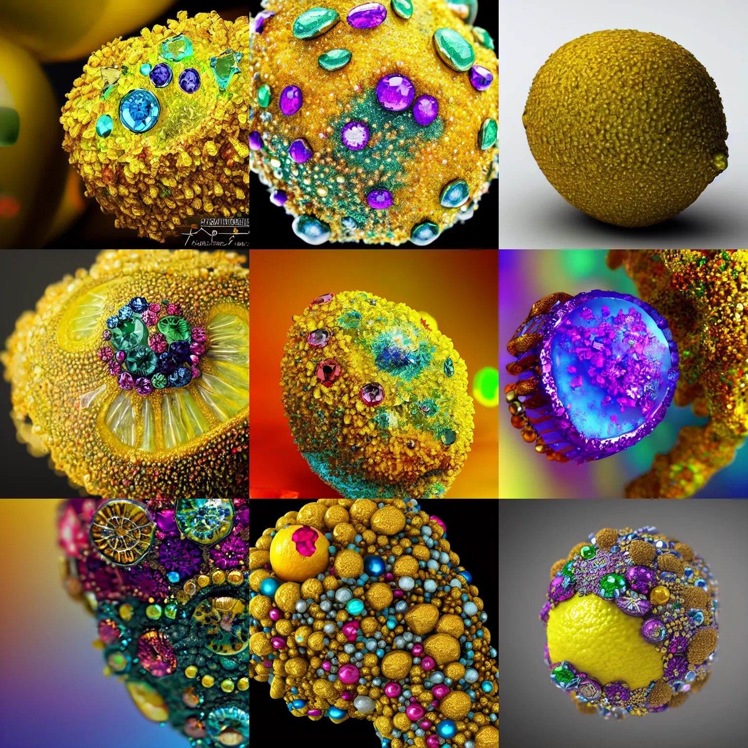 Prompt: a mouldy lemon encrusted with jewels gemstones, trending on artstation, colorful, intricate, by kathleen ryan, photorealistic, unreal 5 engine, dlsr, bokeh