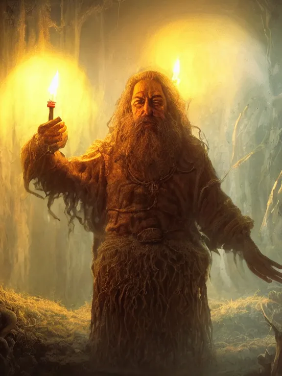 Prompt: fine painting of a wizard from an ancient culture with mushrooms growing from his body, candlelight, 8 k, ultra realistic, lens flare, atmosphere, glow, detailed, intricate, full of colour, cinematic lighting, trending on artstation, 4 k, hyperrealistic, focused, extreme details, unreal engine 5, cinematic, masterpiece