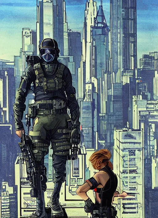 Image similar to Dinah. USN special forces operator looking at city skyline. Agent wearing Futuristic stealth suit. rb6s Concept art by James Gurney, Alphonso Mucha, matt rhodes.