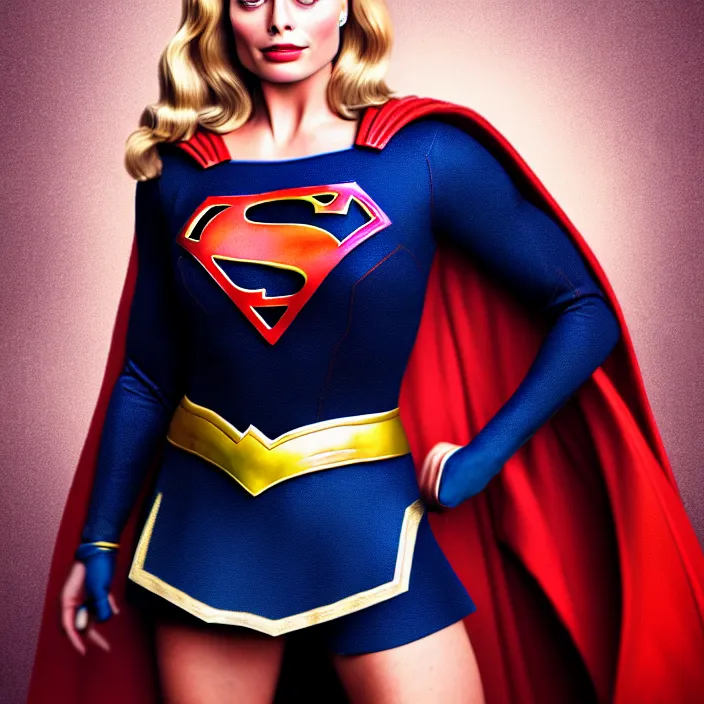 Image similar to full length portrait photograph of a margot robbie as supergirl. Extremely detailed. 8k